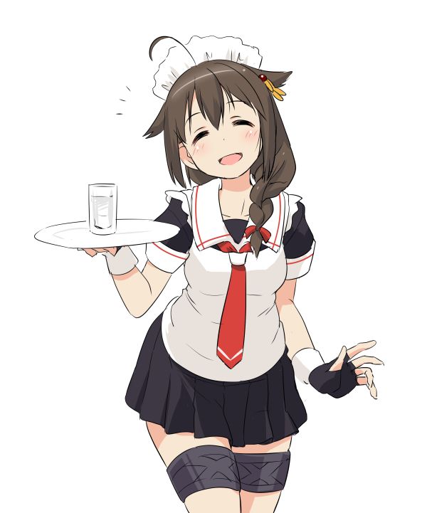 1girl :d ahoge alternate_costume apron blush brown_hair enmaided glass hair_flaps hair_ornament kantai_collection maid maid_headdress necktie open_mouth plate pleated_skirt remodel_(kantai_collection) sailor_collar shigure_(kantai_collection) skirt smile solo tamu_(mad_works) thigh_strap white_background