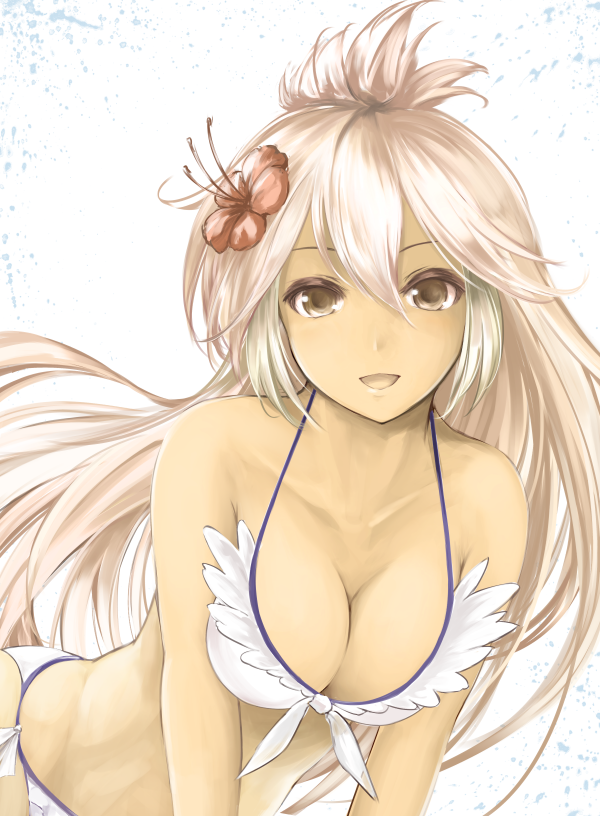 1girl ahoge bare_arms bare_shoulders bikini breasts cleavage collarbone colored_eyelashes dark_skin front-tie_top granblue_fantasy kz_nagomiya leaning_forward long_hair looking_at_viewer medium_breasts midriff parted_lips side-tie_bikini swimsuit the_order_grande v_arms white_bikini white_hair