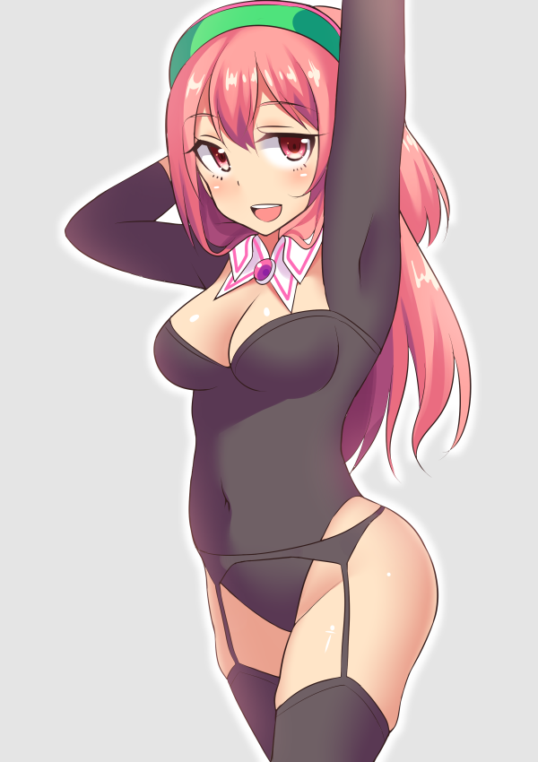 1girl arms_up blush bodysuit breasts cleavage covered_navel detached_collar garter_belt garter_straps hacka_doll hacka_doll_2 leotard lingerie long_hair looking_at_viewer neri_sachiko open_mouth pink_eyes pink_hair plump smile solo thigh-highs underwear