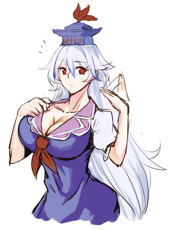 /\/\/\ 1girl blue_dress blue_hair breasts cleavage closed_mouth collarbone curvy dress fanning_face hat jonylaser kamishirasawa_keine large_breasts long_hair looking_at_viewer multicolored_hair neckerchief puffy_short_sleeves puffy_sleeves red_eyes short_sleeves solo touhou two-tone_hair upper_body very_long_hair white_background white_hair