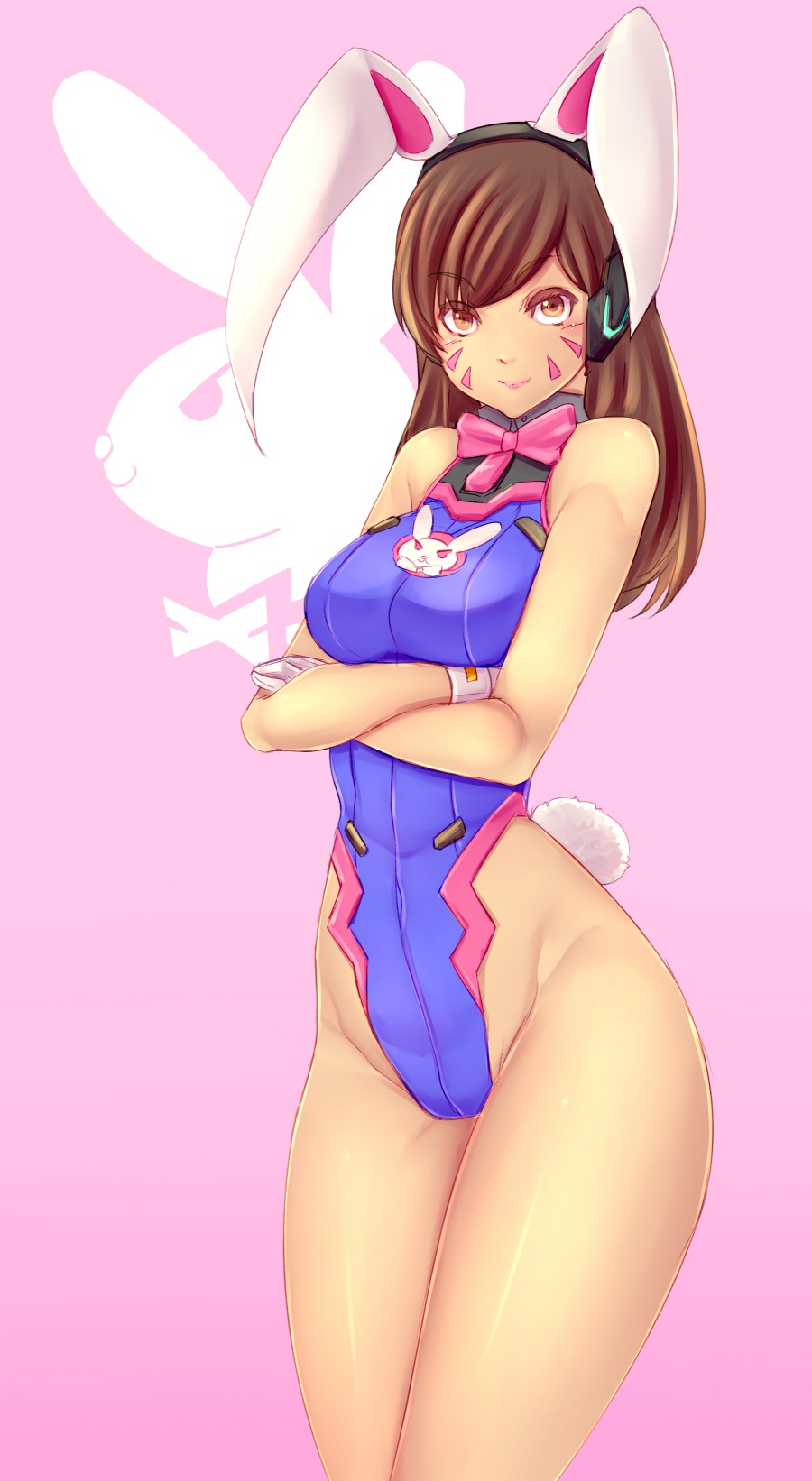 1girl animal_ears bangs bare_shoulders blush bow bowtie bracer breasts brown_eyes brown_hair bunny_girl bunny_tail bunnysuit closed_mouth covered_navel cowboy_shot crossed_arms d.va_(overwatch) eyebrows eyebrows_visible_through_hair facepaint facial_mark fake_animal_ears gloves groin headphones high_collar highleg highleg_leotard highres legs leotard lips long_hair medium_breasts moeroknight overwatch pink_background pink_bow pink_bowtie pink_lips purple_leotard rabbit_ears ribbed_leotard simple_background sleeveless solo standing tail thighs turtleneck whisker_markings white_gloves