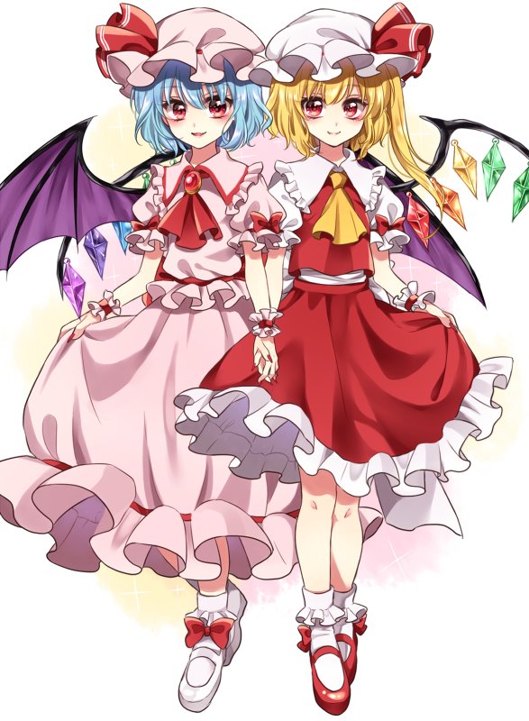 2girls arm_garter ascot bat_wings blonde_hair blue_hair blush bobby_socks bow brooch crystal fingernails flandre_scarlet frilled_shirt_collar frills full_body hand_holding hat hat_ribbon ikamiso9898 interlocked_fingers jewelry kanon_(ikamiso) lifted_by_self looking_at_viewer mary_janes mob_cap multiple_girls nail_polish parted_lips pink_shirt pink_skirt puffy_short_sleeves puffy_sleeves red_bow red_eyes red_nails red_ribbon red_shirt red_shoes red_skirt remilia_scarlet ribbon sash sharp_fingernails shirt shoes short_hair short_sleeves siblings side_ponytail sisters skirt skirt_hold skirt_lift skirt_set smile socks touhou white_background white_legwear white_shoes wings wrist_cuffs