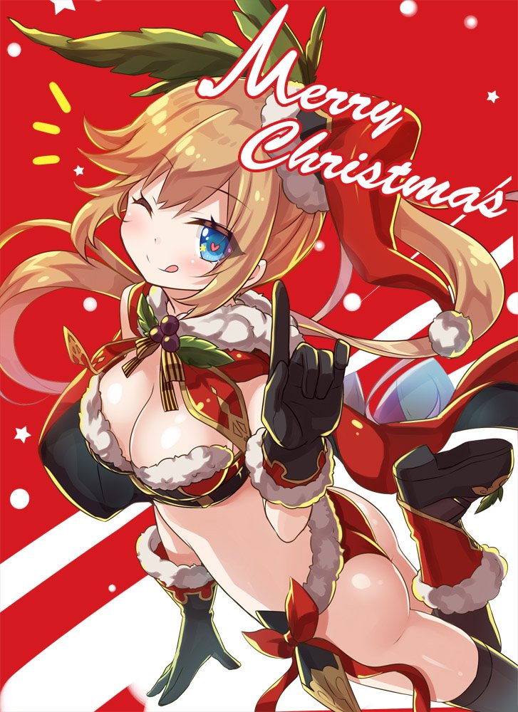 1girl ;q ass boots breasts christmas clarisse_(granblue_fantasy) cleavage flat_ass from_side granblue_fantasy hat heart heart-shaped_pupils jpeg_artifacts leg_up medium_breasts merry_christmas mitsuki one_eye_closed ponytail red_background santa_boots santa_bra santa_hat santa_panties solo symbol-shaped_pupils tongue tongue_out yano_mitsuki