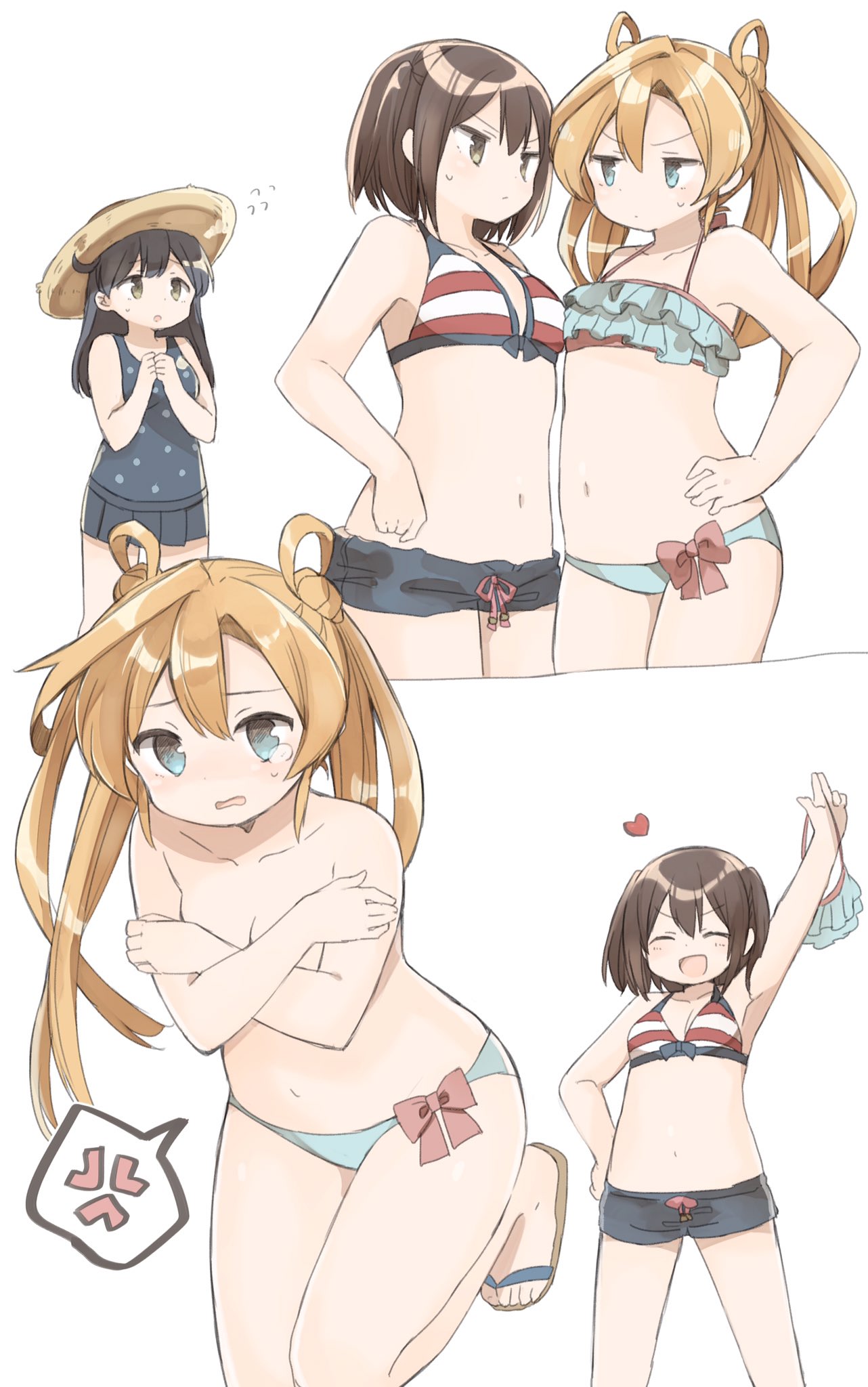 &gt;:/ &gt;:d 3girls :d ^_^ abukuma_(kantai_collection) anger_vein arm_up asymmetrical_docking bikini bikini_top_removed black_eyes black_hair blue_bikini blue_shirt blue_skirt blush bow breast_press breasts brown_eyes brown_hair clenched_hands closed_eyes closed_mouth clothes_theft collarbone comic covering covering_breasts eyebrows eyebrows_visible_through_hair female flying_sweatdrops frilled_bikini frills hair_between_eyes hand_on_hip hat head_tilt heart highres holding_bikini_top kantai_collection long_hair looking_at_another medium_breasts multiple_girls murakami_meishi navel nose_blush one-piece_swimsuit open_mouth own_hands_together pleated_skirt polka_dot polka_dot_swimsuit red_bow sandals sendai_(kantai_collection) shirt short_hair short_shorts shorts skirt smile spoken_anger_vein standing straw_hat striped_bikini_top sweatdrop swimsuit tank_top tears theft topless two_side_up ushio_(kantai_collection) white_background