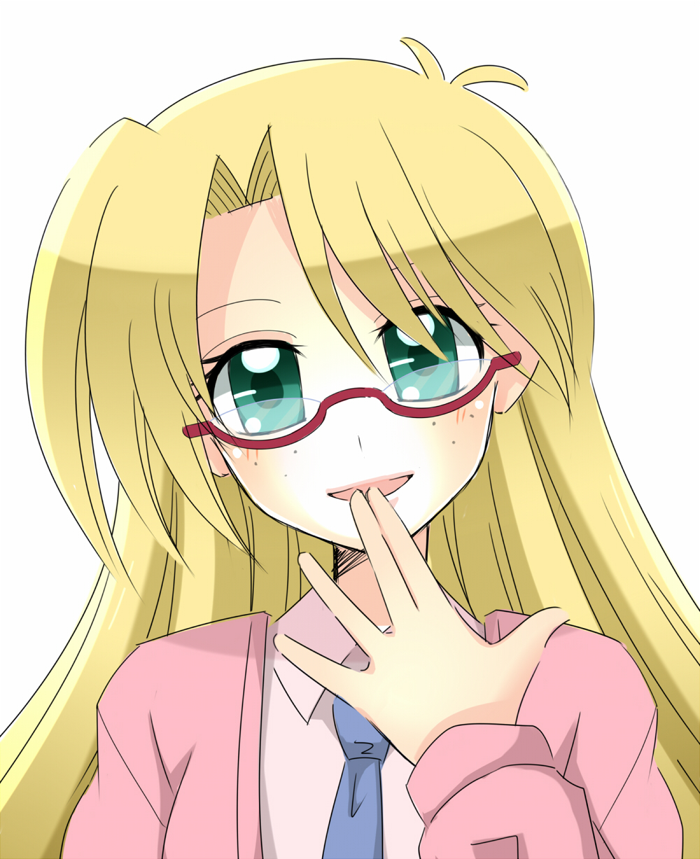 1girl artist_request blonde_hair collar freckles glasses green_eyes highres long_sleeves necktie open_mouth rebecca_hopkins solo yu-gi-oh! yuu-gi-ou_duel_monsters