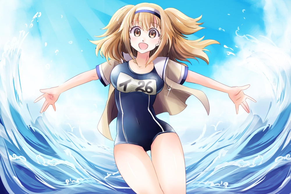 1girl araragi_uminya breasts clothes_writing hairband i-26_(kantai_collection) kantai_collection large_breasts light_brown_eyes light_brown_hair long_hair name_tag new_school_swimsuit one-piece_swimsuit open_clothes open_mouth outstretched_arms sailor_collar school_swimsuit short_sleeves smile solo swimsuit swimsuit_under_clothes two_side_up water waves