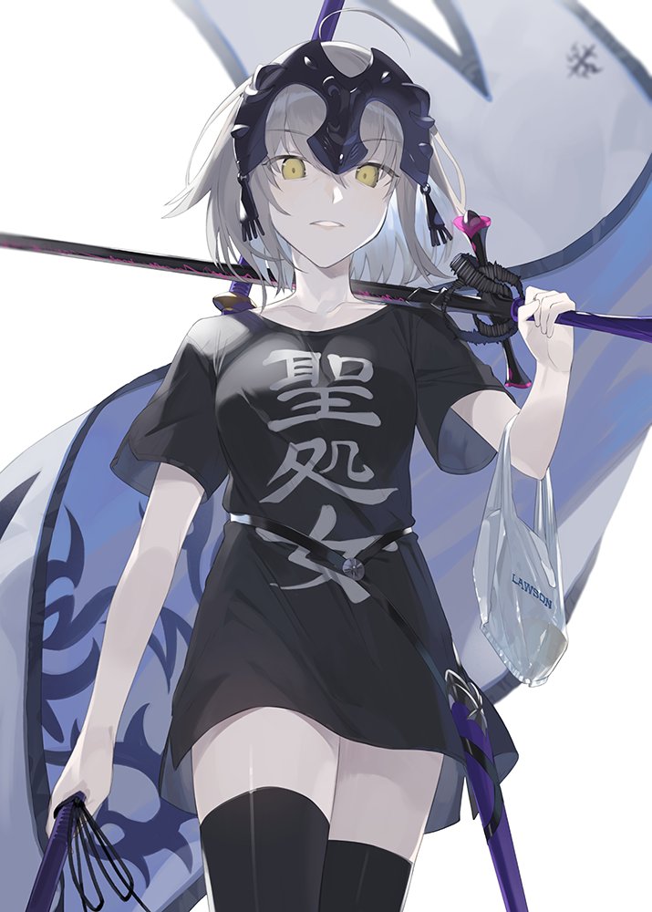 1girl bag blonde_hair breasts fate/grand_order fate_(series) flag hayashi_kewi headpiece jeanne_alter pale_skin plastic_bag ruler_(fate/apocrypha) shirt t-shirt thigh-highs weapon yellow_eyes