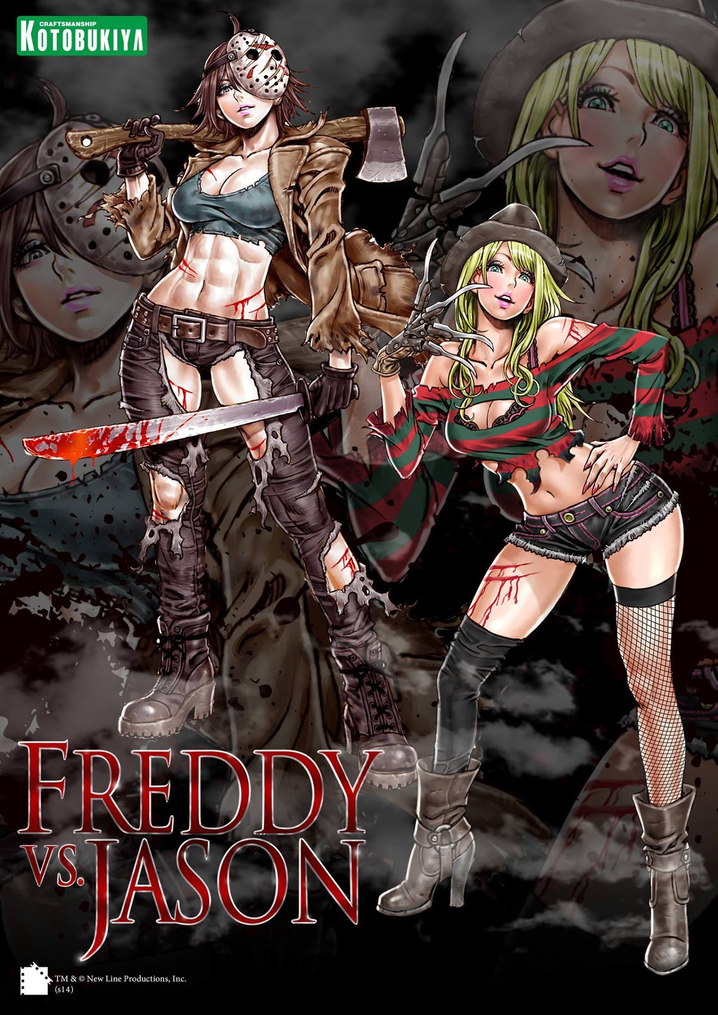 2girls a_nightmare_on_elm_street abs axe blood boots breasts claw_(weapon) cleavage crossover freddy_krueger friday_the_13th genderswap genderswap_(mtf) highres jacket jason_voorhees machete mask_on_head multiple_girls shorts torn_clothes weapon yamashita_shun'ya