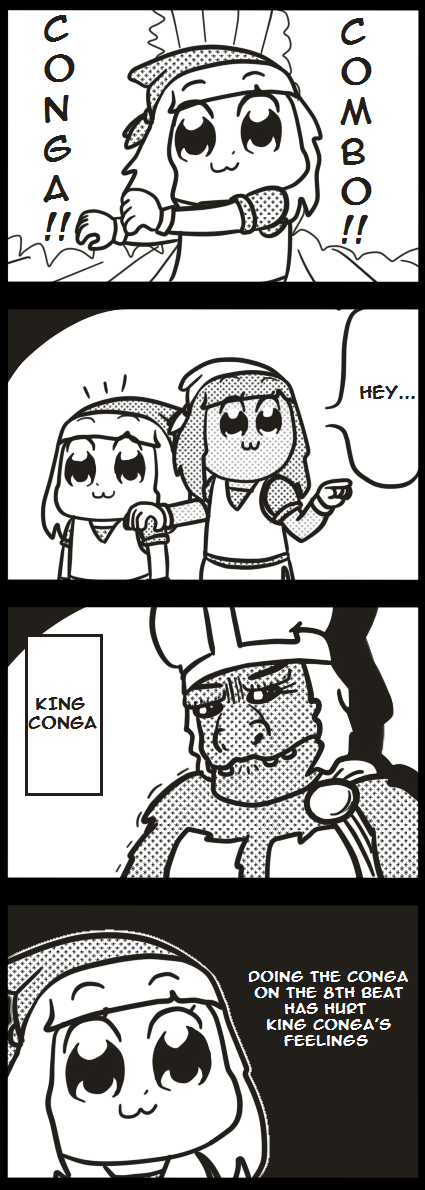 2girls 4koma animal bkub_(style) cadence_(necrodancer) chibi comic crown crypt_of_the_necrodancer dancing dark_skin drawfag english gameplay_mechanics gorilla hat monochrome multiple_girls parody style_parody trembling