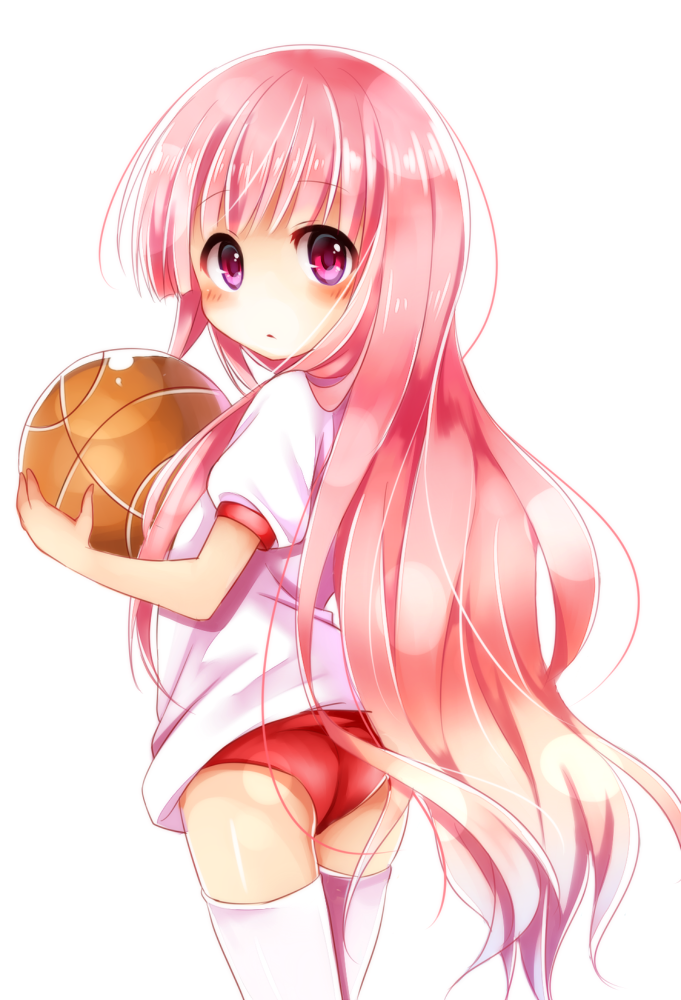 1girl ass ball basketball blush buruma chikuwa_savi flat_ass from_behind gym_uniform hakamada_hinata long_hair looking_back pink_eyes pink_hair rou-kyuu-bu! solo thigh-highs very_long_hair white_legwear