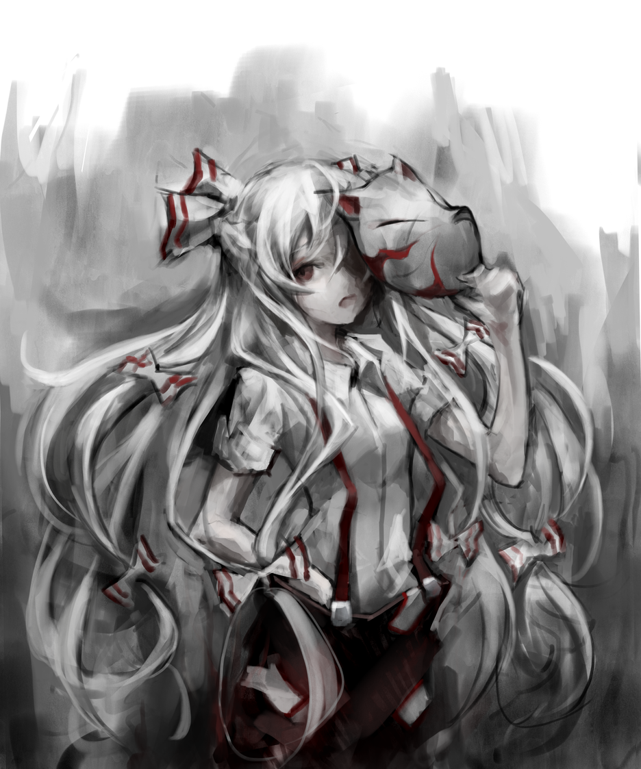 bow breasts collared_shirt cowboy_shot expressionless fox_mask fujiwara_no_mokou greyscale gyup91 hair_bow hand_in_pants long_hair looking_at_viewer mask monochrome one_eye_covered open_mouth pants red_eyes red_pants shirt short_sleeves silver_hair small_breasts suspenders touhou very_long_hair white_shirt