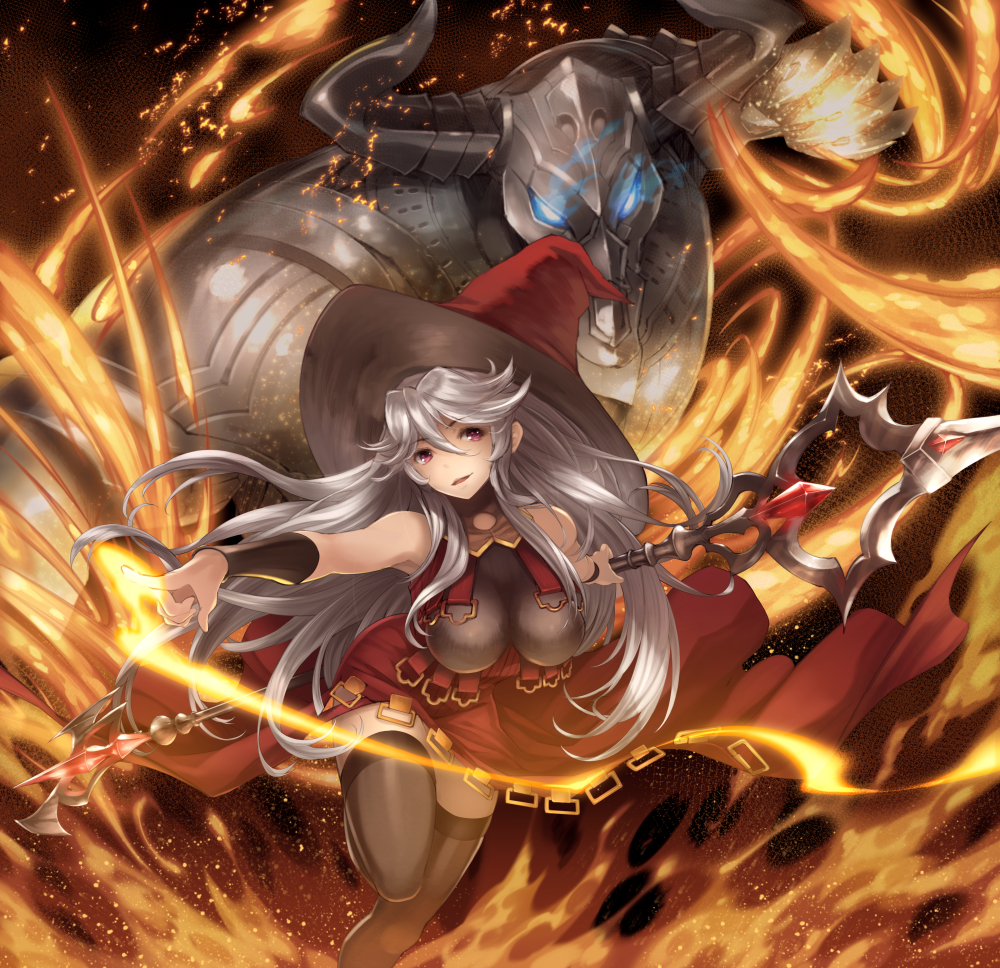 1girl bangs bare_shoulders black_legwear blue_eyes bracer breasts dress eyebrows eyebrows_visible_through_hair fire glowing glowing_eyes granblue_fantasy hair_between_eyes hat holding holding_staff horns index_finger_raised large_breasts leaning_forward leg_up living_armor long_hair looking_away looking_to_the_side magic magisa_(granblue_fantasy) minotaur open_mouth pink_eyes red_hat ryouku silver_hair sleeveless sleeveless_dress smile solo staff thigh-highs turtleneck very_long_hair witch witch_hat zettai_ryouiki