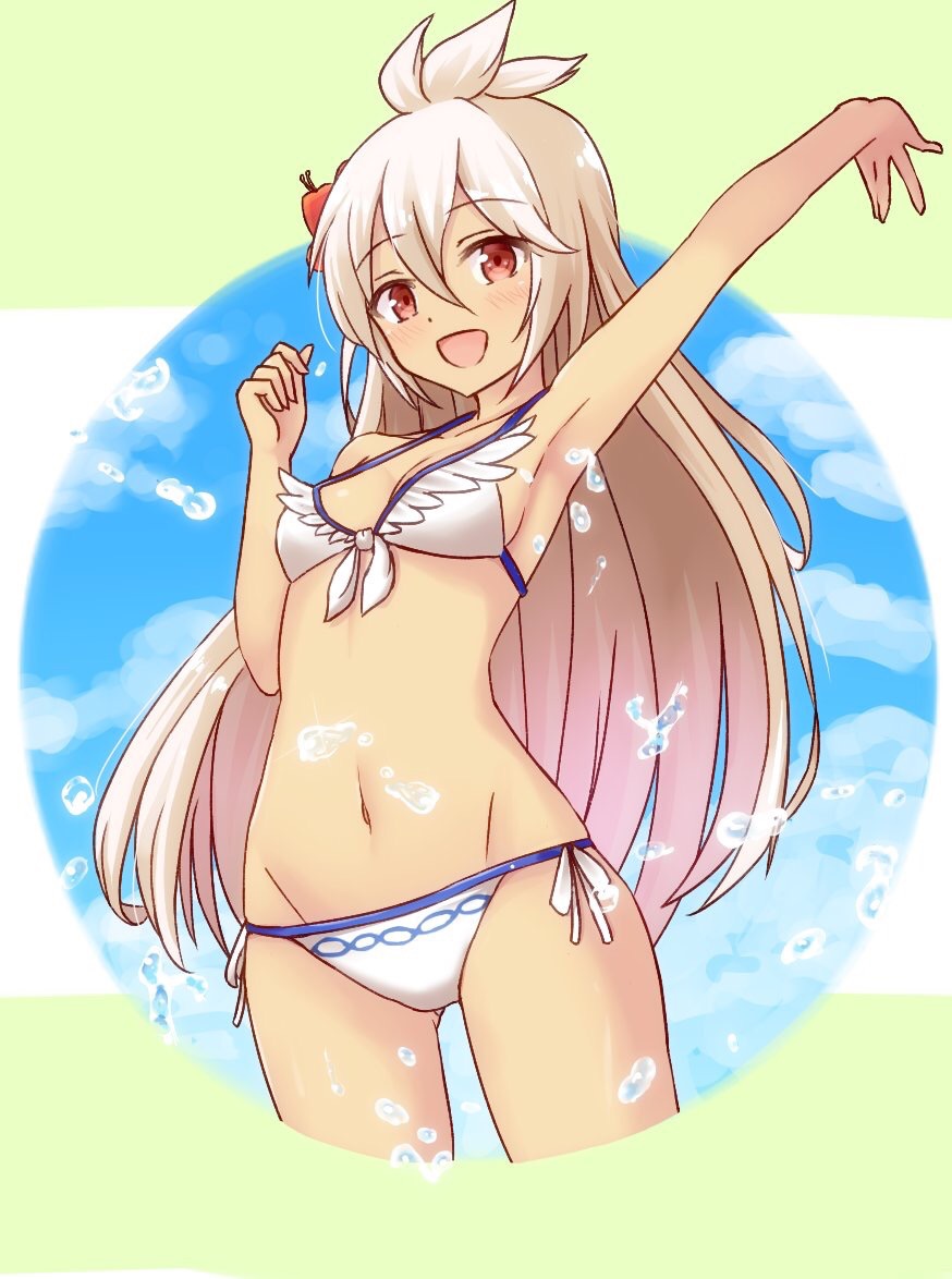 1girl ahoge arm_at_side arm_up armpits bikini breasts dark_skin gluteal_fold granblue_fantasy groin gudou_(gdo_514) hair_between_eyes looking_at_viewer midriff navel open_mouth outstretched_hand red_eyes sideboob small_breasts solo swimsuit the_order_grande thighs white_bikini white_hair