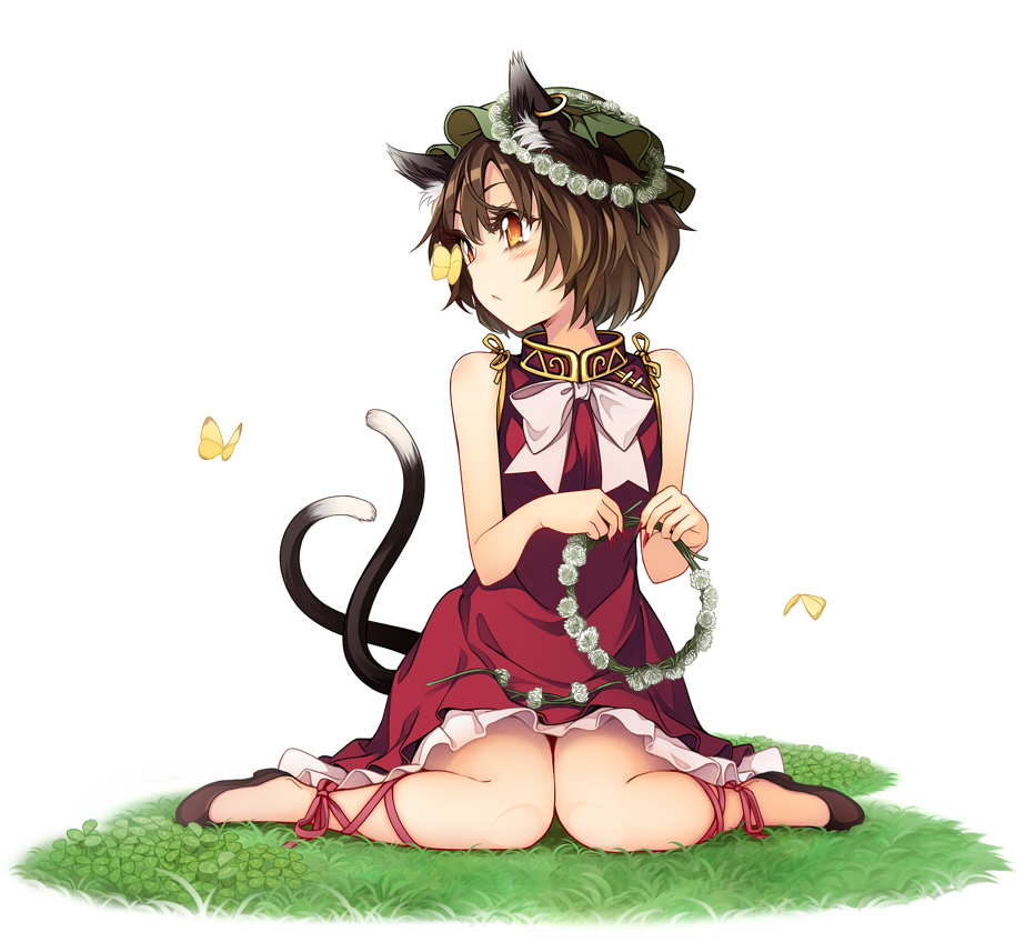 1girl adapted_costume animal_ears ankle_ribbon bare_arms bare_shoulders blush bow bowtie brown_hair butterfly cat_ears chen common_brimstone dress earrings faux_figurine flower_wreath full_body green_hat hat head_wreath jewelry knees_together_feet_apart looking_to_the_side multiple_tails nekomata no_socks orange_eyes pink_bow pink_bowtie red_ribbon ribbon short_hair sitting sleeveless sleeveless_dress solo tail touhou two_tails uruu_gekka wariza
