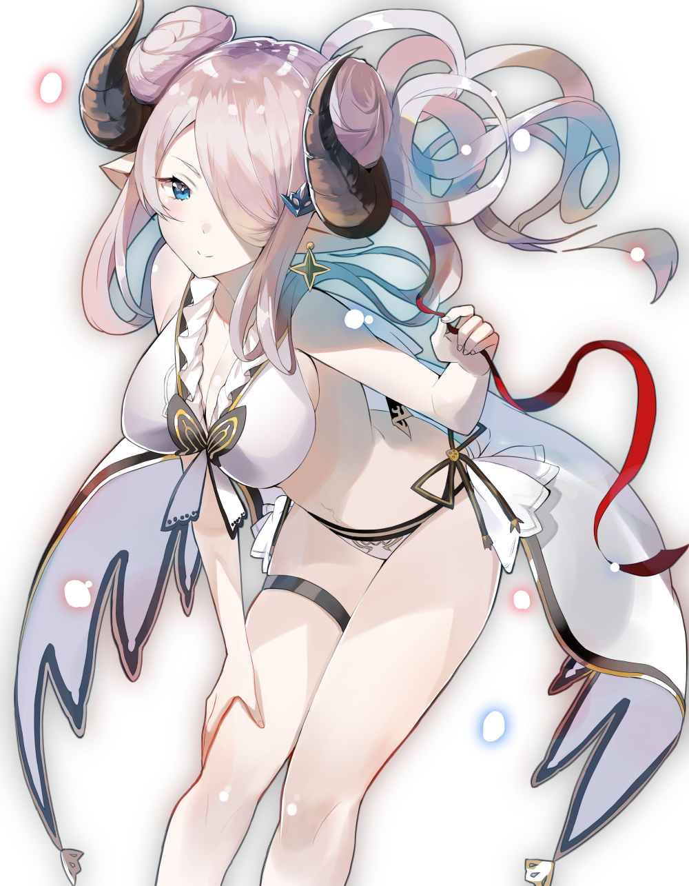 1girl bikini blue_eyes braid breasts cleavage demon_horns doraf double_bun earrings fuotchan granblue_fantasy hair_ornament hair_over_one_eye hand_on_leg highres horns jewelry large_breasts lavender_hair leaning_forward light_smile long_hair looking_at_viewer midriff narumeia_(granblue_fantasy) navel pointy_ears sideboob skindentation smile solo swimsuit thigh_strap thighs twin_braids white_bikini