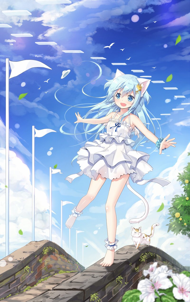 1girl :d animal_ears anniversary aqua_eyes aqua_hair barefoot bird blurry blush brick_wall calico cat cat_ears cat_tail clouds commentary_request depth_of_field dress flag hat hat_removed headwear_removed highres jpeg_artifacts key_hair_ornament long_hair mint_(mitsuki) mint_(yano_mitsuki) mitsuki open_mouth original outdoors outstretched_arms scrunchie sky smile solo spread_arms standing standing_on_one_leg sun_hat sundress tail tree wrist_scrunchie yano_mitsuki