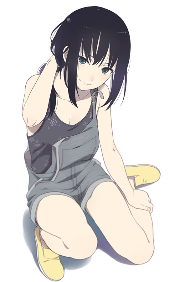 1girl black_eyes black_hair hand_behind_head long_hair looking_at_viewer mattaku_mousuke original overalls simple_background sleeveless smile solo tank_top