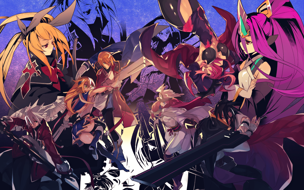 3boys 5girls armpits black_gloves black_hair black_legwear blazblue blazblue:_central_fiction blonde_hair blue_boots blue_skirt bolverk boots breasts cape coat detached_sleeves expressionless fighting_stance gloves green_eyes grey_hair gun hades_izanami hat hyakuhachi_(over3) jin_kisaragi kagura_mutsuki kisaragi_jin knee_boots konoe_a_mercury long_hair mikado_(blazblue) miniskirt multiple_boys multiple_girls noel_vermillion pink_hair ponytail pose purple_hair rachel_alucard ragna_the_bloodedge red_eyes redhead skirt spiky_hair sword thigh-highs tsubaki_yayoi twintails upside-down weapon