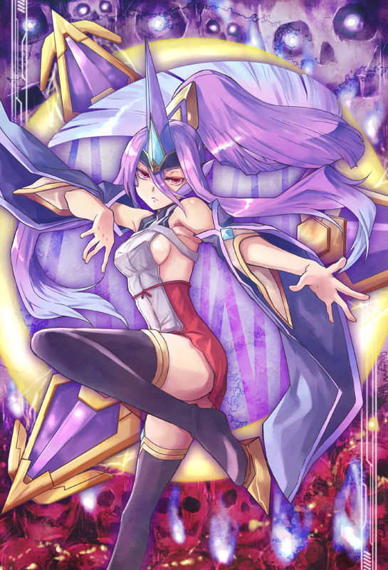 1girl black_boots blazblue blazblue:_central_fiction blazblue:_chronophantasma boots breasts detached_sleeves expressionless hades_izanami long_hair looking_at_viewer mikado_(blazblue) miniskirt ponytail pose purple_hair red_eyes red_skirt shiny shiny_skin sideboob skirt skull solo standing standing_on_one_leg thigh-highs thigh_boots yuuka_seisen