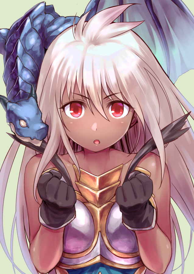 1girl :o ahoge armor armored_dress bangs bare_shoulders black_gloves breastplate clenched_hands dark_skin dragon gloves granblue_fantasy green_background hair_between_eyes long_hair looking_at_viewer misao_(kami_no_misoshiru) namesake new_game! open_mouth parody pun red_eyes simple_background solo the_order_grande upper_body white_hair