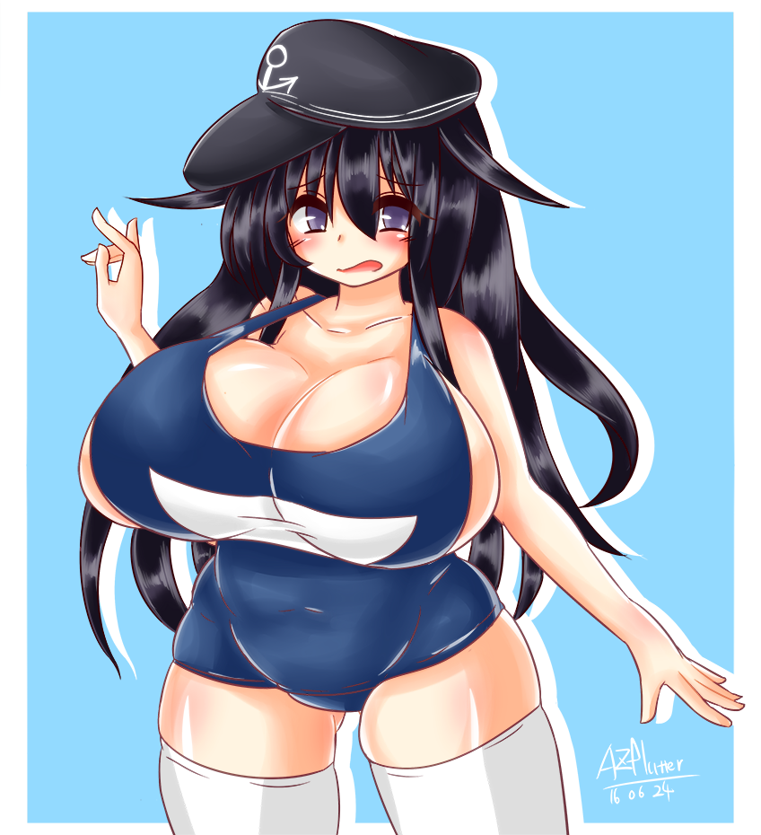 1girl akatsuki_(kantai_collection) alternate_breast_size ayazumi_flutter black_eyes black_hair blue_swimsuit blush breasts cap cleavage collarbone female huge_breasts kantai_collection long_hair looking_at_viewer one-piece_swimsuit plump school_swimsuit sideboob simple_background solo standing swimsuit thigh-highs v white_legwear