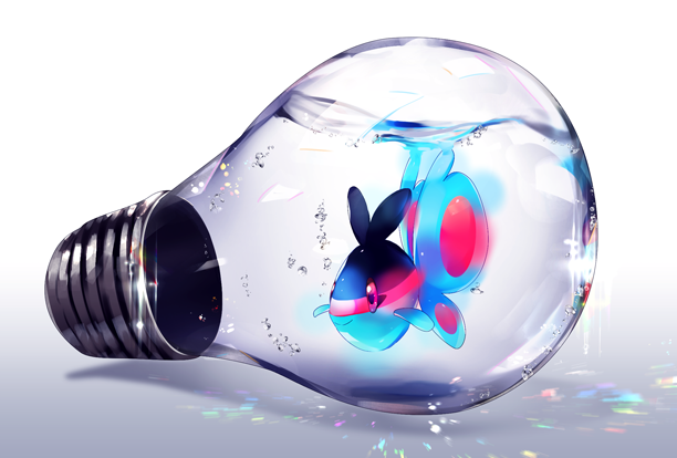 air_bubble closed_mouth ekm finneon fish in_container light_bulb no_humans pokemon pokemon_(creature) pokemon_(game) red_eyes shade smile solo submerged water white_background