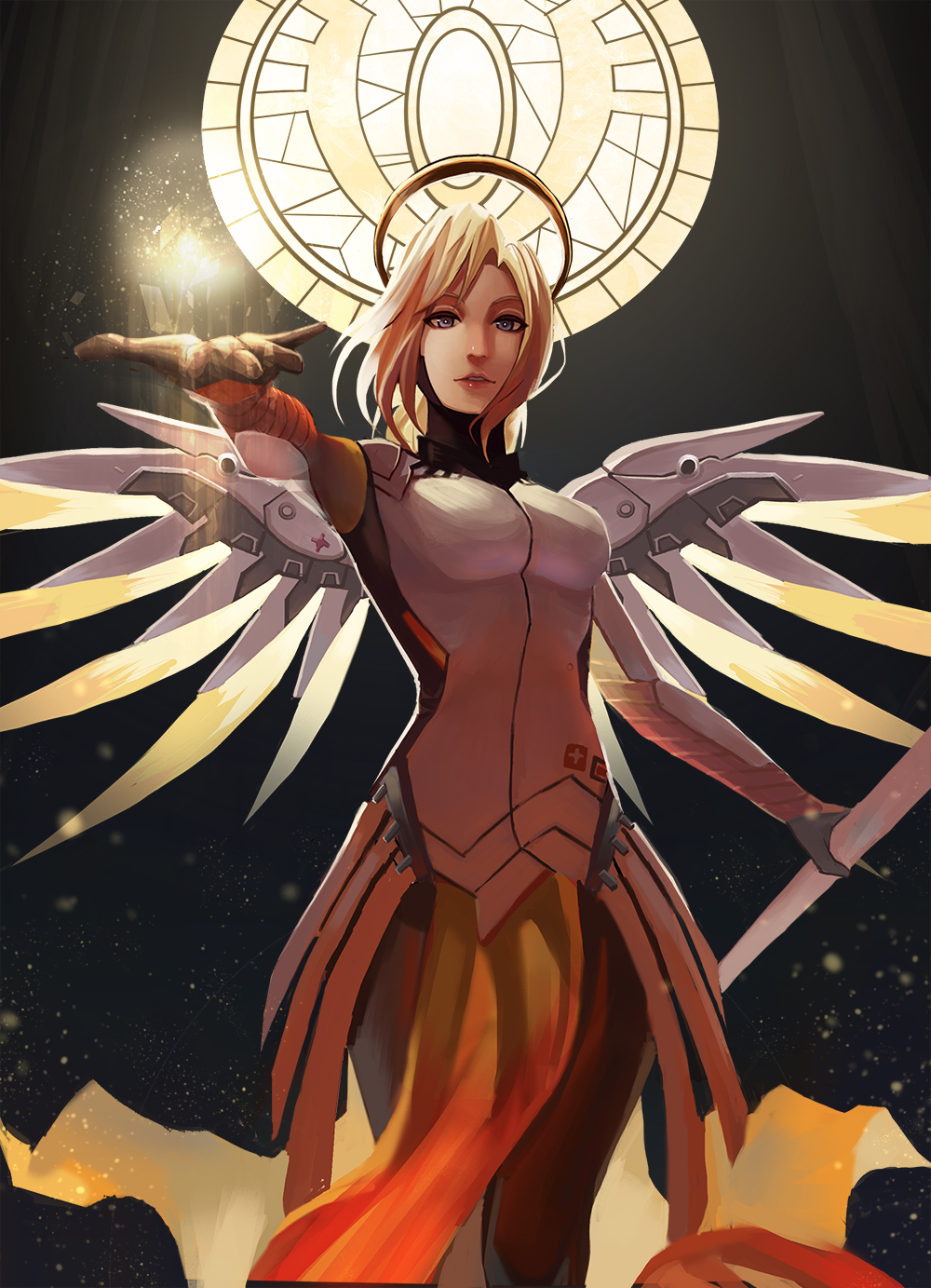 1girl armor bangs black_gloves blonde_hair blue_eyes bodysuit breastplate breasts brown_legwear cowboy_shot faulds gloves hand_up headgear highres holding holding_staff holding_weapon llxhh loincloth long_hair looking_at_viewer mechanical_halo mechanical_wings medium_breasts mercy_(overwatch) overwatch pantyhose parted_lips pelvic_curtain ponytail red_cross solo spread_wings staff swiss_flag turtleneck weapon wings yellow_wings