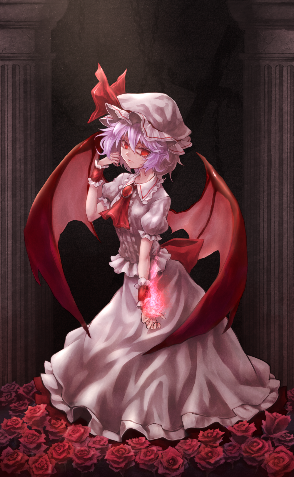 1girl ascot bat_wings breasts brooch chains colored cross dark energy flower from_side full_body hand_up hat highres jewelry joker_(stjoker) lavender_shirt lavender_skirt light_particles light_rays looking_at_viewer looking_to_the_side mob_cap pillar purple_hair red_eyes red_rose remilia_scarlet rose short_hair short_sleeves small_breasts solo standing touhou wings wrist_cuffs