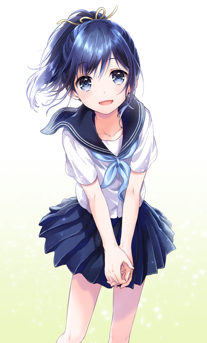 1boy 1girl :d blue_eyes blue_hair blue_skirt gradient gradient_background hair_ribbon head_tilt highres long_hair looking_at_viewer neckerchief open_mouth original own_hands_together pa_kiiro pleated_skirt ponytail ribbon school_uniform serafuku shirt short_sleeves skirt smile solo standing trap v_arms white_shirt yellow_ribbon