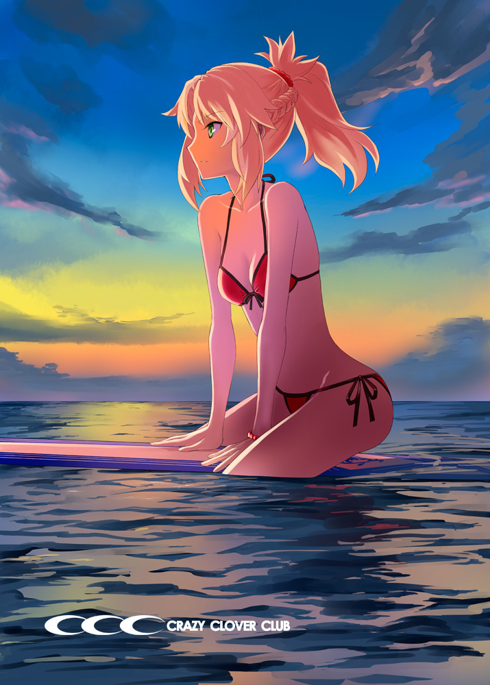 1girl ass bead_bracelet beads bikini blonde_hair bracelet braid breasts cleavage clouds fate/apocrypha fate/grand_order fate_(series) green_eyes jewelry md5_mismatch mordred_(swimsuit_rider)_(fate) mountain ocean outdoors ponytail red_bikini saber_of_red shirotsumekusa solo sunset surfboard swimsuit