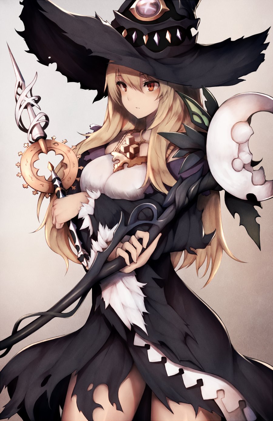 1girl blonde_hair dorothy_(shingeki_no_bahamut) hat highres holding holding_wand inaba_sunimi jewelry long_hair long_sleeves necklace red_eyes shadowverse solo wand weapon witch witch_hat
