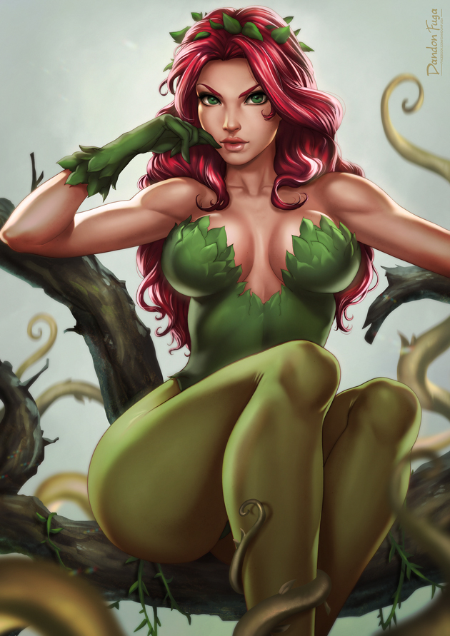 1girl batman_(series) branch breasts cleavage curly_hair dandon_fuga dc_comics gloves green_gloves leaf looking_at_viewer pantyhose plant poison_ivy redhead sitting solo vines