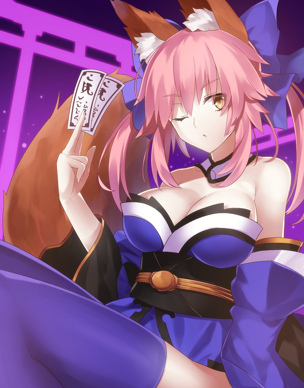 1girl animal_ears blue_legwear bow breasts cleavage collar collarbone detached_sleeves fate/extra fate_(series) fox_ears fox_tail hair_bow hair_ribbon highres japanese_clothes large_breasts looking_at_viewer minamina ofuda one_eye_closed pink_hair ribbon solo tail tamamo_(fate)_(all) tamamo_no_mae_(fate) torii upper_body yellow_eyes