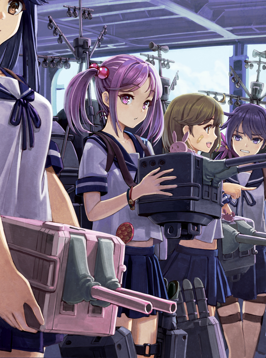 4girls ahoge akebono_(kantai_collection) animal bandaid bandaid_on_face bangs belly_peek black_hair blouse blue_skirt blush bracelet breasts cannon carrying_under_arm cowboy_shot crab eyebrows eyebrows_visible_through_hair eyelashes flat_chest flower hair_bobbles hair_flower hair_ornament highres holding jewelry kantai_collection ld lineup long_hair looking_at_another looking_at_viewer machinery mast medium_breasts miniskirt multiple_girls oboro_(kantai_collection) out_of_frame pink_eyes pink_hair pleated_skirt pointing profile purple_hair rabbit sazanami_(kantai_collection) school_uniform serafuku short_hair short_sleeves sidelocks skirt sky standing talking tan_taka thigh_strap turret twintails ushio_(kantai_collection) violet_eyes white_blouse