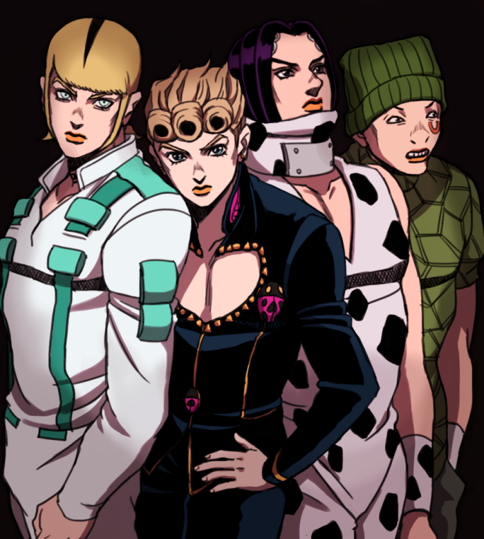 4boys black_eyes black_hair blonde_hair brothers cow_print donatello_versace facial_mark giorno_giovanna green_eyes hage_tashuumi hand_on_hip hands_in_pockets hat jojo_no_kimyou_na_bouken male_focus multicolored_hair multiple_boys purple_hair rikiel siblings two-tone_hair ungaro wristband