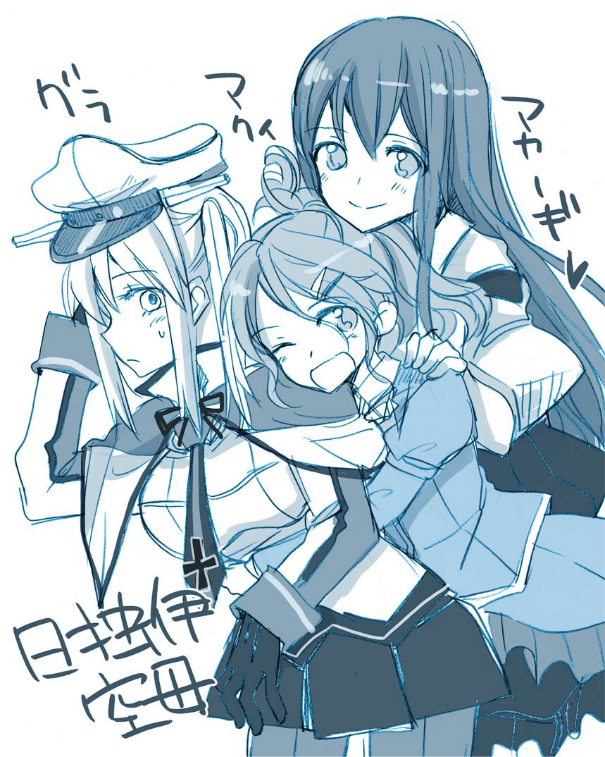 3girls akagi_(kantai_collection) aquila_(kantai_collection) blush breasts capelet gloves graf_zeppelin_(kantai_collection) hair_ornament hairclip hand_on_another's_shoulder hat high_ponytail hug hug_from_behind iron_cross japanese_clothes kantai_collection large_breasts long_hair long_sleeves looking_at_viewer military military_uniform miniskirt monochrome multiple_girls neck_ribbon necktie one_eye_closed peaked_cap pleated_skirt ribbon sanpatisiki sidelocks skirt smile straight_hair sweatdrop twintails uniform wavy_hair