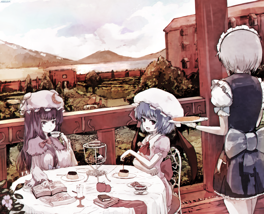 3girls blue_hair book commentary crescent dyolf food fork hat izayoi_sakuya misty_lake mob_cap mountain multiple_girls open_mouth patchouli_knowledge plate purple_hair red_eyes remilia_scarlet scarlet_devil_mansion silver_hair touhou