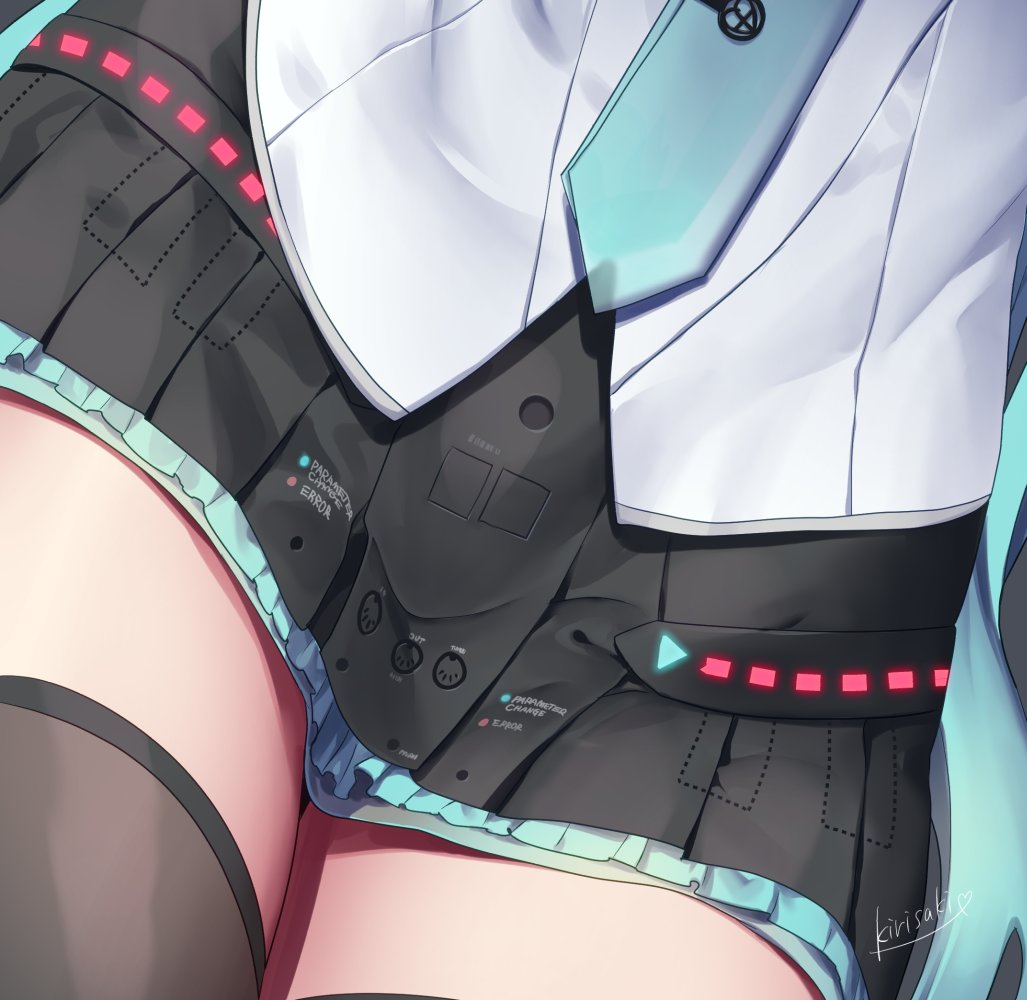 1girl black_legwear black_skirt blue_hair close-up commentary_request english_text green_hair grey_shirt hatsune_miku kirisaki_shuusei layered_skirt lower_body miniskirt necktie out_of_frame pleated_skirt shiny shiny_clothes shiny_legwear shirt signature skirt solo thigh-highs thigh_focus two-tone_skirt vocaloid volume_symbol zettai_ryouiki