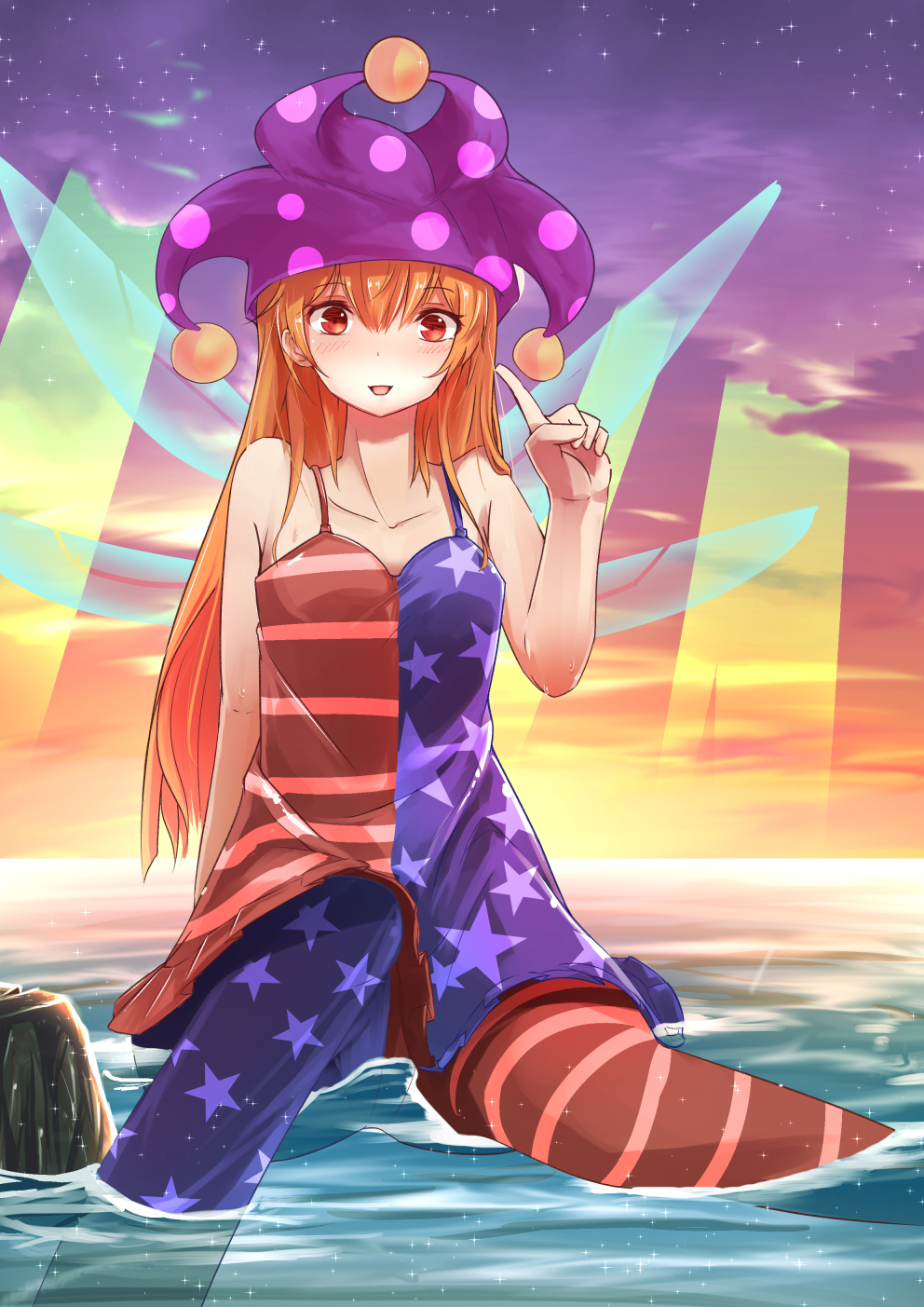 1girl :d adapted_costume alternate_legwear american_flag_dress bare_shoulders blush breasts chemise clownpiece collarbone fairy fairy_wings hat highres index_finger_raised jester_cap light_rays long_hair looking_at_viewer ocean open_mouth orange_hair partially_submerged polka_dot poyosuke print_legwear red_eyes sky small_breasts smile solo star star_(sky) starry_sky sunbeam sunlight touhou wings