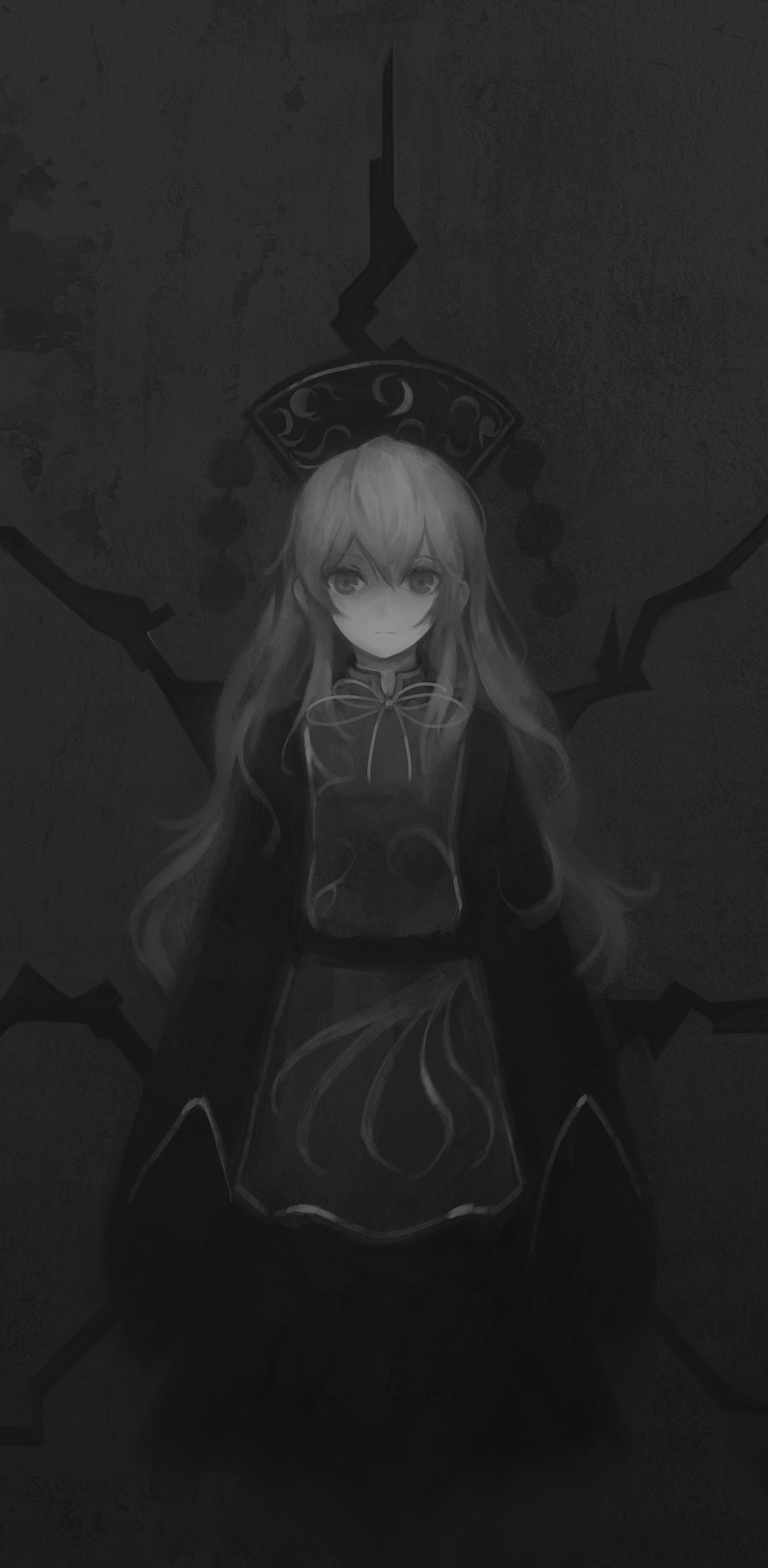 1girl bangs black_dress chinese_clothes closed_mouth commentary_request crescent dress expressionless full_body grey_background greyscale gyup91 hat highres junko_(touhou) long_hair long_sleeves looking_at_viewer monochrome ribbon simple_background sleeves_past_wrists solo standing tabard touhou very_long_hair wide_sleeves