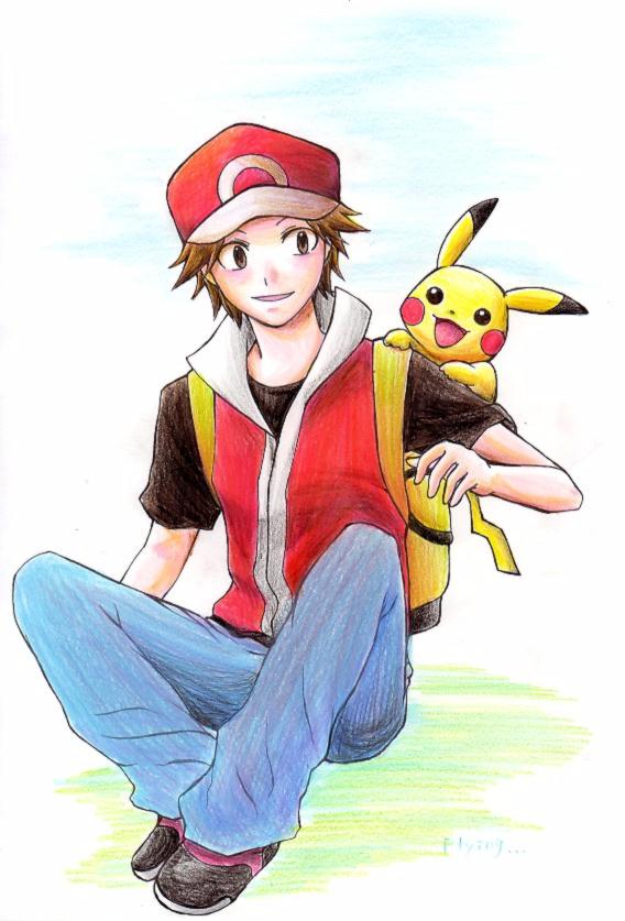 00s artist_request baseball_cap brown_hair hat pikachu pokemon pokemon_(game) pokemon_frlg red_(pokemon) red_(pokemon)_(remake)