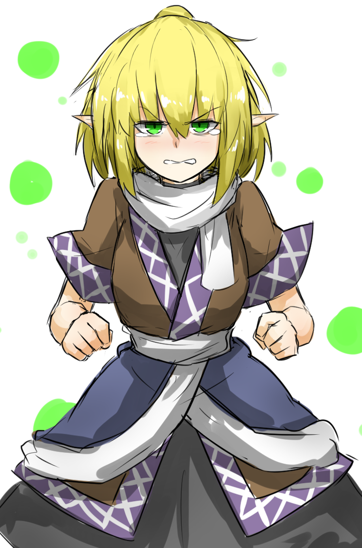 &gt;:( 1girl arm_warmers biting blonde_hair blush clenched_hands cowboy_shot green_eyes kan_(aaaaari35) lip_biting looking_at_viewer mizuhashi_parsee nose_blush parted_lips pointy_ears sash scarf short_hair short_sleeves solo tears touhou undershirt white_scarf