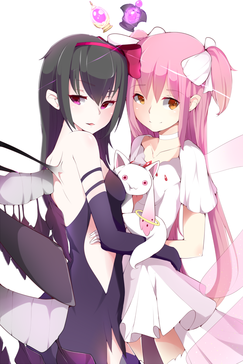 2girls akemi_homura akuma_homura arms_around_waist bare_shoulders black_dress black_gloves black_hair brown_eyes dark_orb_(madoka_magica) dress girl_sandwich gloves goddess_madoka highres hug kaname_madoka kyubey looking_at_viewer mahou_shoujo_madoka_magica mahou_shoujo_madoka_magica_movie multiple_girls pink_hair sandwiched sha_(amfil100) soul_gem violet_eyes