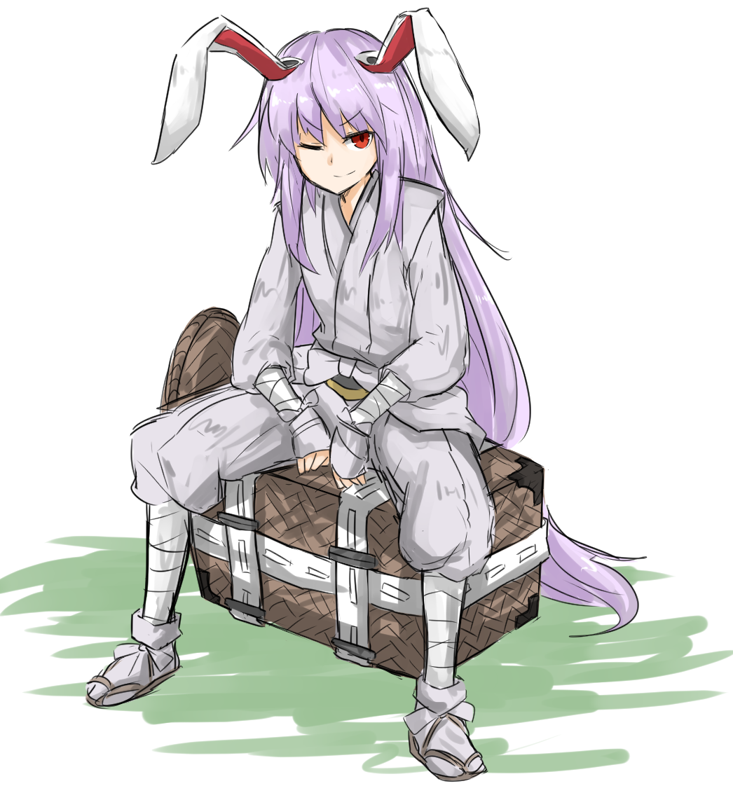 1girl alternate_costume animal_ears forbidden_scrollery full_body japanese_clothes kan_(aaaaari35) long_hair looking_at_viewer one_eye_closed purple_hair rabbit_ears red_eyes reisen_udongein_inaba simple_background smile solo touhou very_long_hair white_background