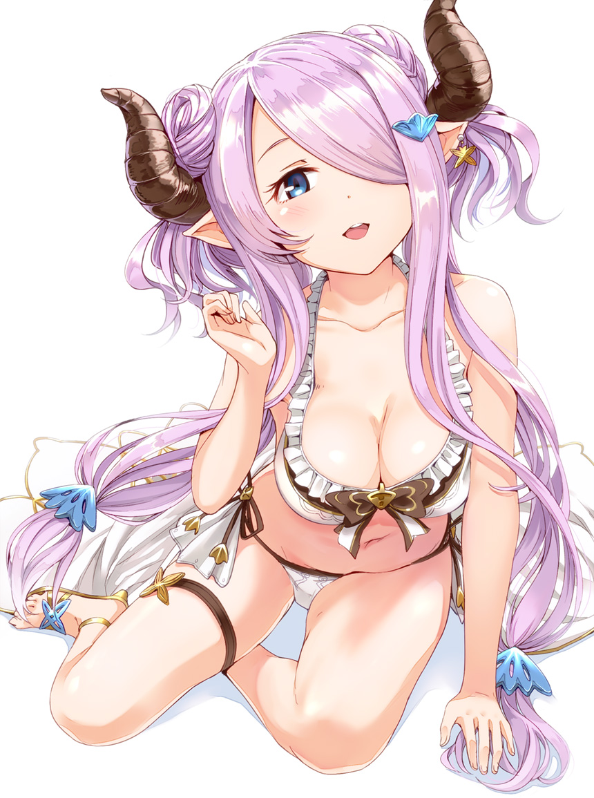 1girl arm_support bangs bare_shoulders bikini blue_eyes blush breasts cleavage collarbone commentary_request demon_horns doraf double_bun earrings frilled_bikini frills front-tie_top granblue_fantasy hair_ornament hair_over_one_eye hairclip horns jewelry kohane large_breasts lavender_hair long_hair looking_at_viewer low_twintails narumeia_(granblue_fantasy) navel open_mouth pointy_ears sandals side-tie_bikini sitting smile solo swimsuit thigh_strap twintails very_long_hair white_bikini white_swimsuit yokozuwari