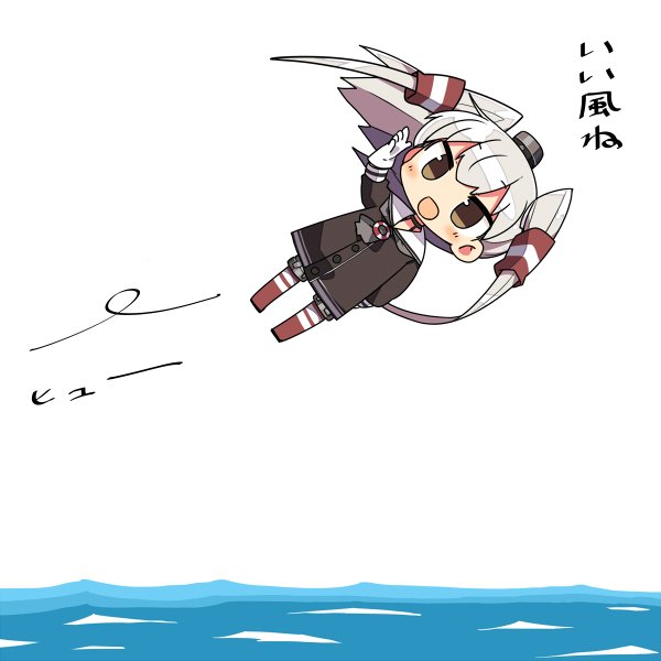 1girl :d amatsukaze_(kantai_collection) black_dress blush blush_stickers brown_eyes buttons commentary_request dress gloves hair_tubes kanikama kantai_collection lifebuoy long_hair long_sleeves open_mouth sailor_dress school_uniform serafuku silver_hair smile solo text translated two_side_up white_gloves wind windsock