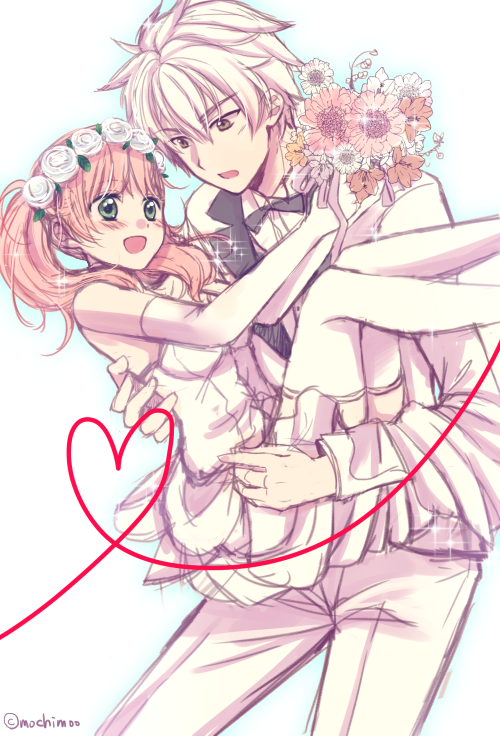 1boy 1girl :d :o atelier_(series) atelier_escha_&amp;_logy blush bouquet carrying cowboy_shot elbow_gloves escha_malier flower formal gloves green_eyes grey_eyes hair_flower hair_ornament heart hetero logix_ficsario mochi_(tukimo) open_mouth pants pink_hair princess_carry short_hair short_twintails skirt smile suit thigh-highs twintails twitter_username white white_background white_gloves white_hair white_legwear white_pants white_skirt