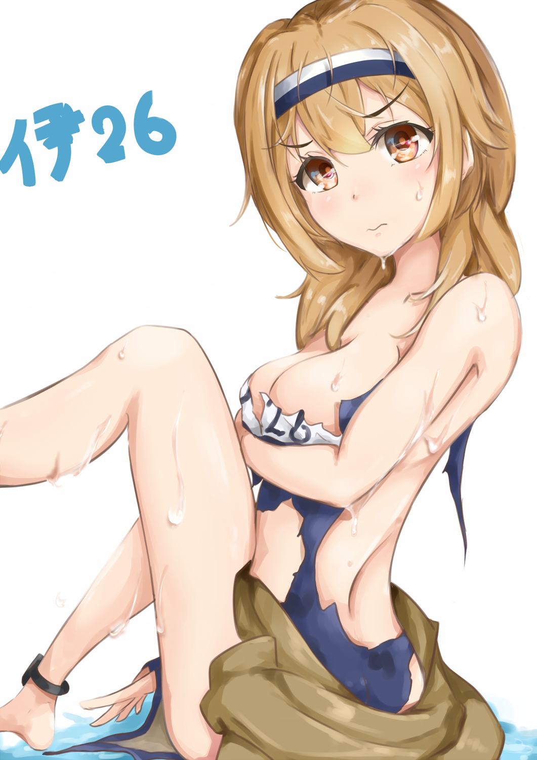 1girl breast_hold breasts character_name covering covering_breasts damaged hairband highres i-26_(kantai_collection) kantai_collection large_breasts light_brown_hair long_hair looking_at_viewer name_tag school_swimsuit solo swimsuit swimsuit_under_clothes takumin_(takumi415) tears torn_clothes torn_jacket torn_swimsuit two_side_up wet