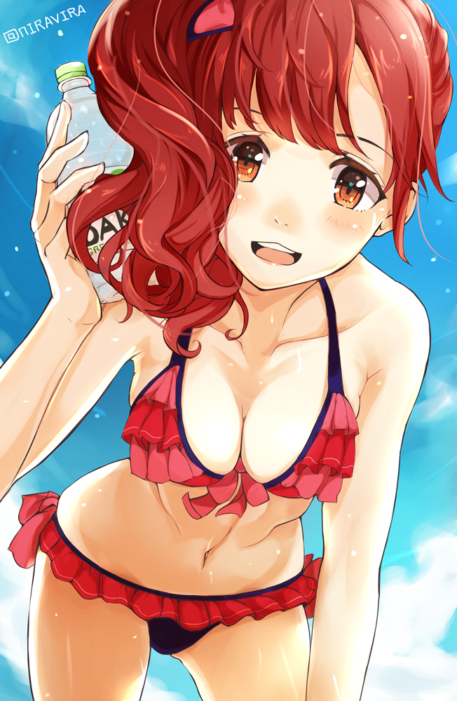 1girl bikini blush bottle breasts brown_eyes brown_hair cleavage clouds collarbone frilled_bikini frills from_below idolmaster idolmaster_cinderella_girls igarashi_kyouko long_hair looking_at_viewer navel nira_(vira) open_mouth red_bikini redhead side_ponytail sky smile solo swimsuit water_bottle