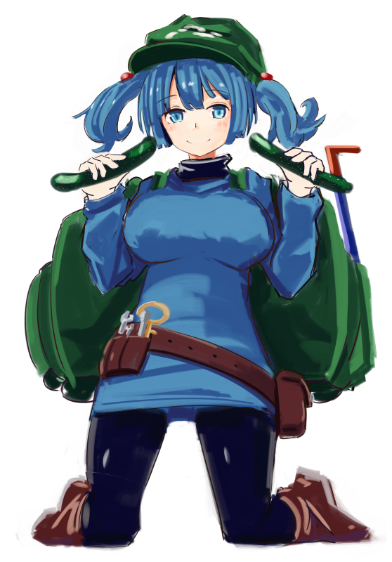 1girl backpack bag belt blue_eyes blue_hair boots breasts cucumber green_hat hair_bobbles hair_ornament hat impossible_clothes impossible_shirt kawashiro_nitori key large_breasts long_sleeves looking_at_viewer pantyhose rubber_boots sexually_suggestive shirt short_hair smile solo torso_(hjk098) touhou two_side_up